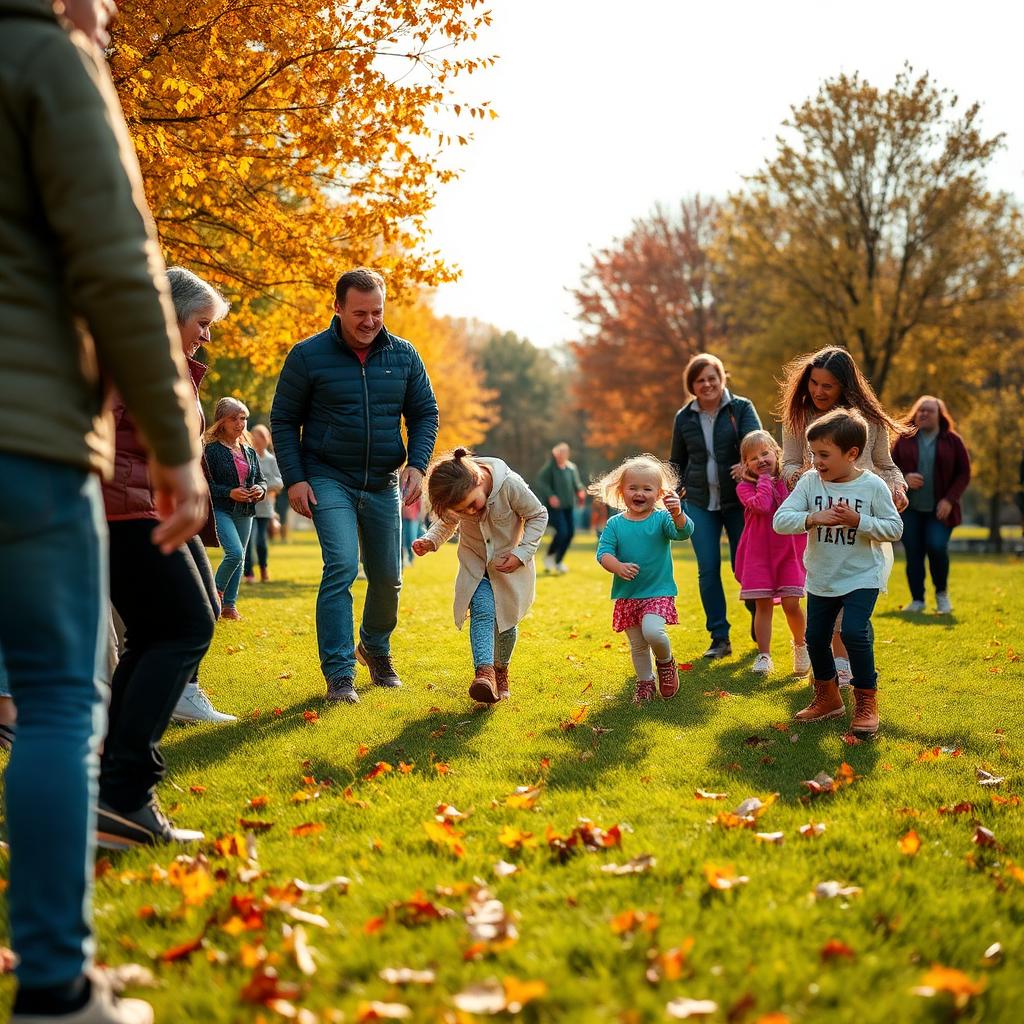 Families with young children playing together on a grass field covered in autumn leaves