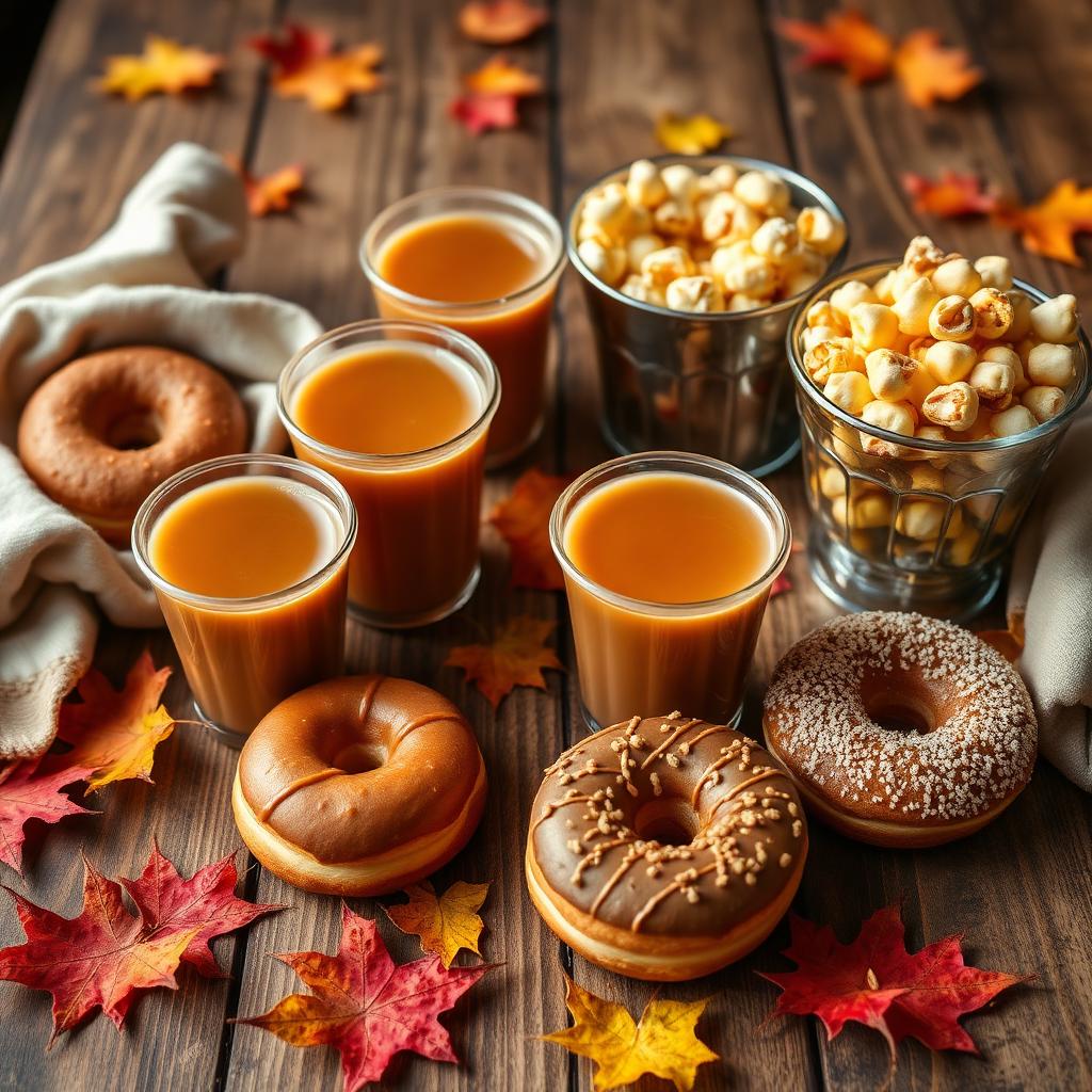 Apple cider, donuts and kettle corn on a wooden table with fall leaves