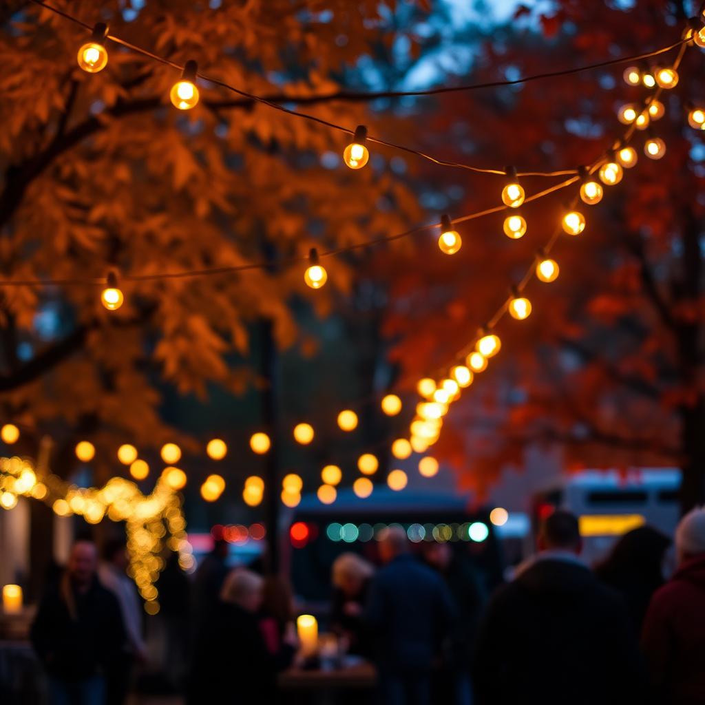 Warm string lights glowing above an outdoor community gathering at dusk