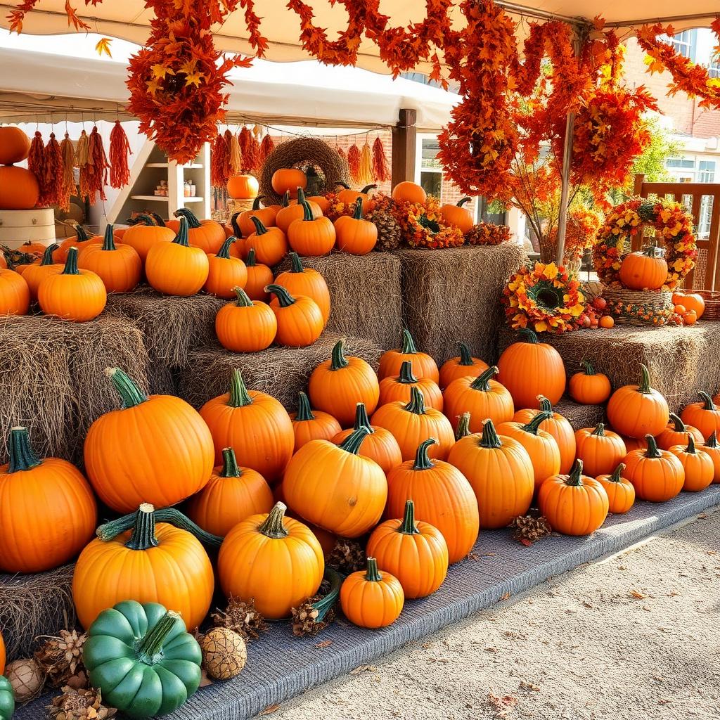Pumpkins, gourds and hay bales arranged as autumn decorations at a festival