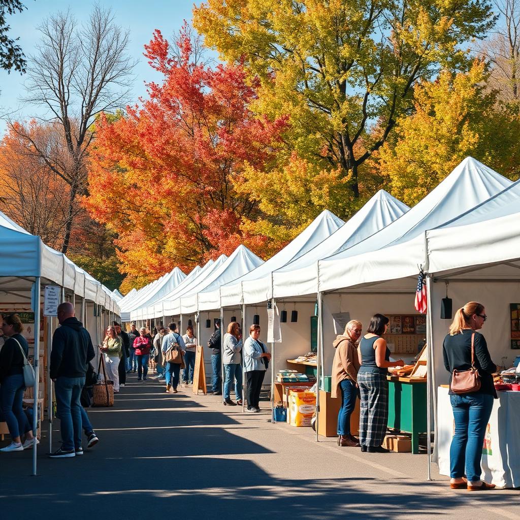 A row of white vendor booths with shoppers browsing handmade goods